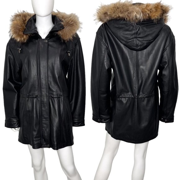 Vintage Jackets & Blazers - Genuine Lamb Leather Longline Coat Jacket w/ Remove-able Faux Fur Trim Hood
